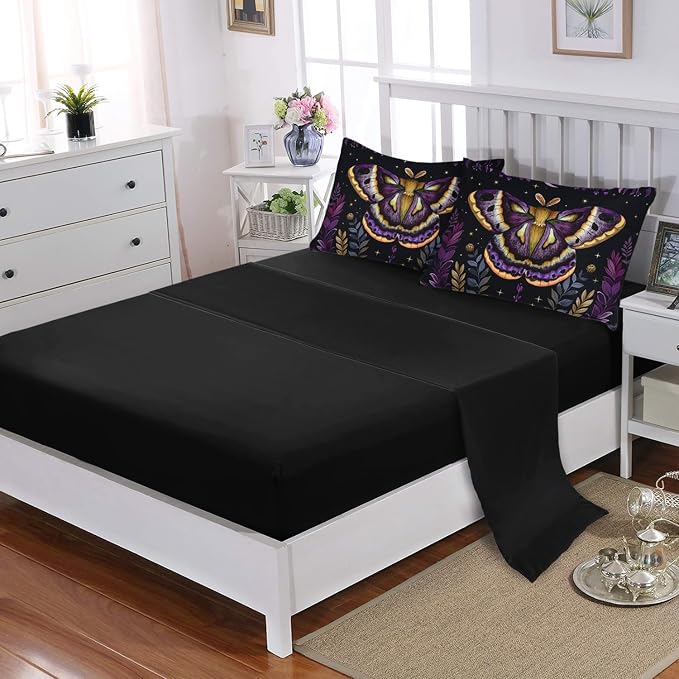 Gothic Moth Comforter Sets Full Size,Bohemian Butterfly Vegetation Leaf Flash Bedding for Kids Room Decor,Mysterious Aesthetics Bedding with Comforter,Fitted Sheet,Flat Sheet,Pillowcases.