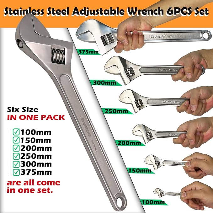 WEDO 6PCS Adjustable Wrench Set 4",6",8",10",12",15",Stainless Steel | Wide Jaw Spanner,Professional Spanner,Precision Jaws,Corrosion Resistant,For Automotive,Home and Plumbing Repairs