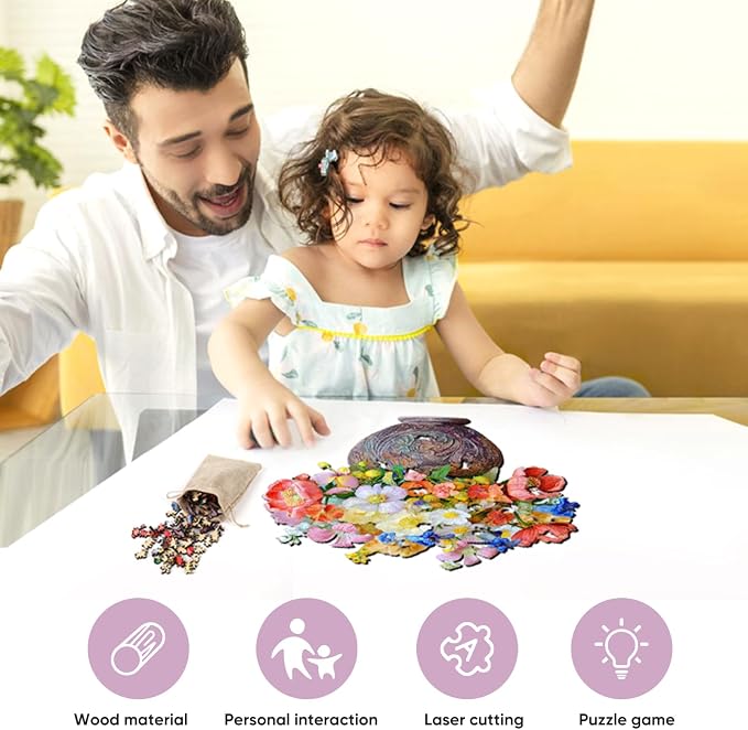 Delobil Flower Wooden Puzzles for Adults, 500 Pieces Vase Jigsaw Puzzles, Unique Shaped Wood Puzzle Birthday Gift for Mom Adults and Kids, Family Game 17.5'' x 17''
