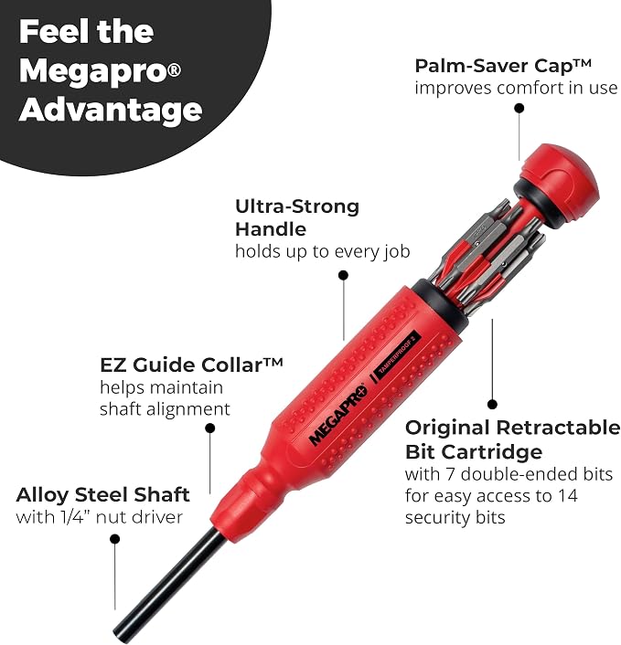 Megapro Tamperproof Security Screwdriver Set | Multi-Bit Screwdriver with ¼” Hex Shaft | Next Gen Tamperproof Security Bits |Tri-wing bits | | Compact Security Bit Set (Next-Gen)