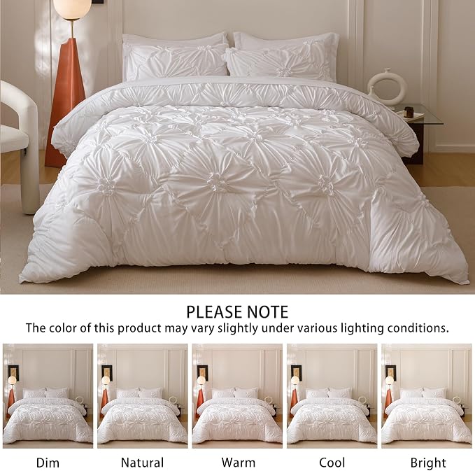 Nttopship White King Comforter Set - 7 Pieces Bed in a Bag, Premium Comforters King Size Bed Set Pintuck Pinch Pleat Complete Comforter Set with Flat Sheet, Fitted Sheet and Pillowcases,White