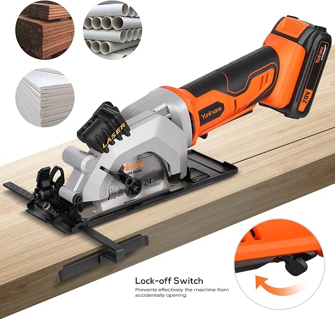 Yunirvana Mini Circular Saw, 20V 3400RPM Professional Cordless Circular Saw, Adjustable Angle and Depth,Max Cutting Depth 1-2/3"(90°), 1-1/8"(45°), Laser Guide, Rip Guide