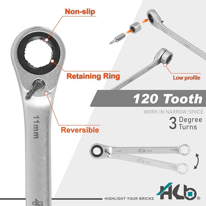 HB Pass Thru 120-Tooth Low Profile Ratchet Wrench Set 38 Piece Non Slip Sockets for Rounded or Standard Bolts with Star Bits Chrome Vanadium Steel Portable EVA Case Made in Taiwan AGM025-G | 120-tooth ratchet, 3° arc swing, pass-thru low profile socket...