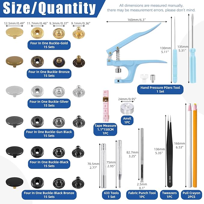 Glarks 90 Sets Leather Snap Fasteners Kit With Pliers, 12.5mm 6 Colors Buttons Press Studs, 8Pcs Setting Tools, Grease Pencils, Tweezers, Tape Measure for DIY Leather Craft