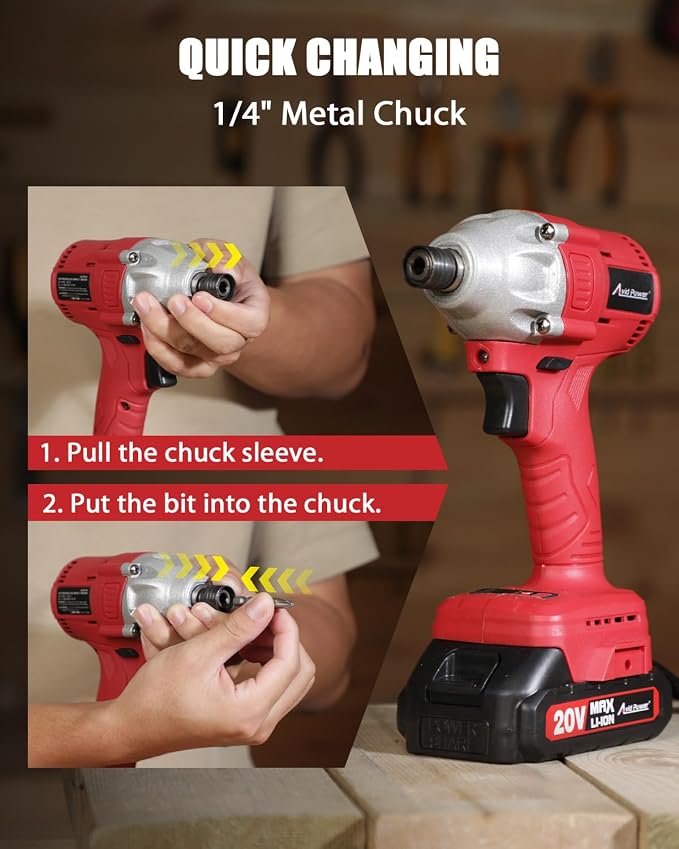 AVID POWER 20V Brushless 1/4'' Impact Driver Kit, 2220in-lbs High Torque, 2-Speed Mode, Variable Speed Cordless Impact Driver, Brake Stop Function, Compact Design with LED Light, 4 Sockets & 4 Bits