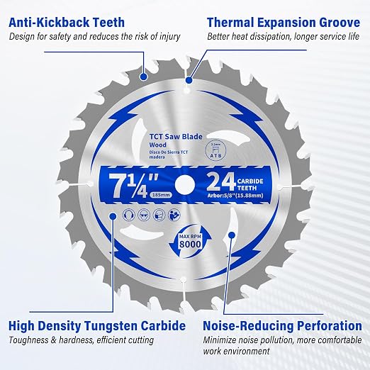 10 Pack 7-1/4 Inch 24T Circular Saw Blade for Wood 5/8" Arbor | TCT ATB Saw Blades for Cutting Various Wood, Plastic Plastic, PVC, Acrylic and Composite Materials