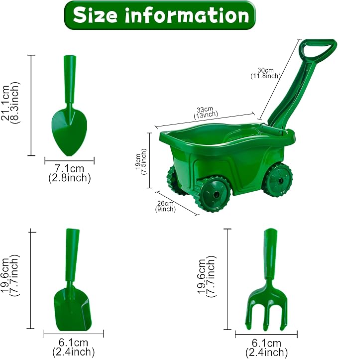Duckura Kids Wheelbarrow Set - Gardening Tools for Kids with Shovel, Rake, Trowel, Outdoor Yard Lawn Digging Weed Toys, Easter Birthday Gifts for Boys Girls Age 2 3+Years Old(Green A)