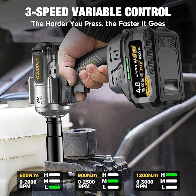 SOARFLY Upgraded Cordless Impact Wrench 1/2", 900 Ft-lbs (1200 Nm) Brushless Impact Gun, 21V High Torque Impact Driver with 2x 4.0Ah Batteries, Variable Speed for Car, Truck, Workshop, Heavy-Duty Jobs