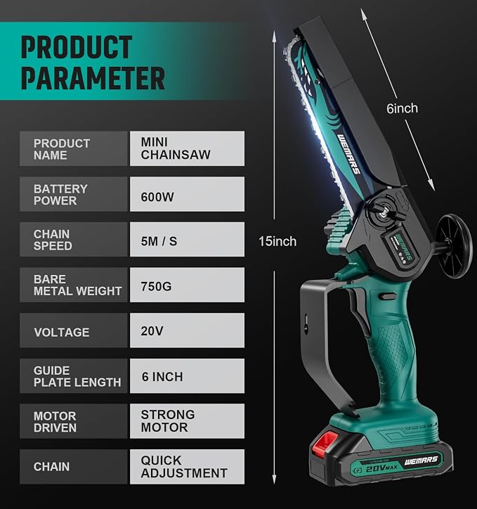 WEMARS Mini Chainsaw Cordless, 6-Inch Portable Electric Chainsaw with Security Lock-Handheld Small Power Chain Saws with 2 Battery Powered For Wood/Trees Cutting/Courtyard Garden, 2025 UPGRADE