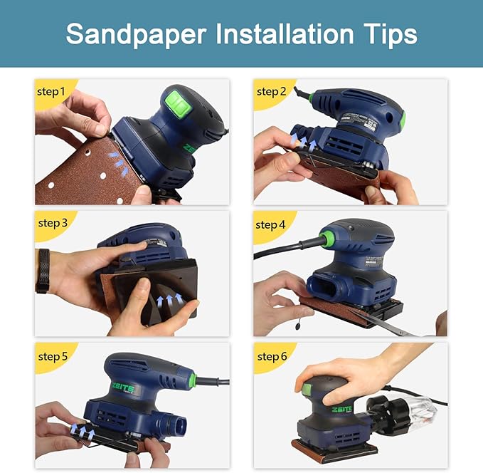 ZEITE 2.4 Amp 1/4 Sheet Sander with 12Pcs Sandpapers, Electric Palm Sander for Woodworking, 10 Ft Cord, 14000 OPM, Vacuum Attachment, Cyclonic Dust Box for Wood Polishing Sanding