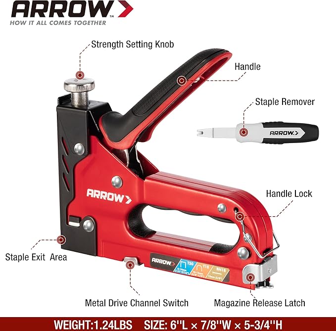 Arrow Heavy Duty Staple Gun, 3-in-1 Upholstery Staple Gun with 3000 Staples, Manual Brad Nailer with Remover, Power Adjustment Stapler Gun for Wood, Wire, Decoration, Fixing Material, Crafts, DIY