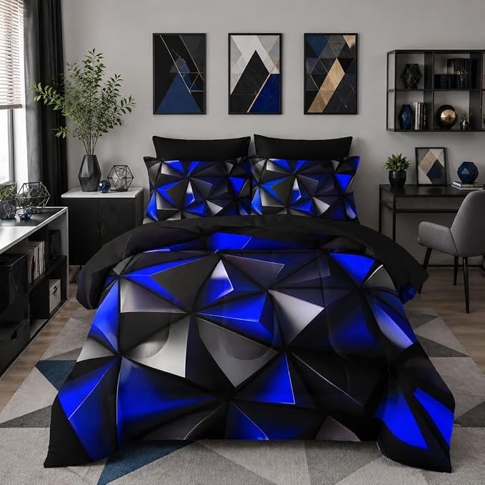 Geometric Twin Comforter Set,Blue Black Honeycomb Bedding Set 7 Piece with Comforter Fitted Sheet Flat Sheet Pillowcases,Bed Sets Geometry Decor,Microfiber Lightweight All Season.