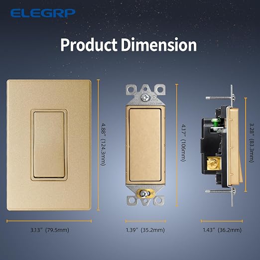 ELEGRP Matte Champagne Gold 3 Way Decorator Light Switch, 15A 120-277V, Paddle Rocker Switch Replacement, On/Off Wall Switch, Self-Grounding, Residential Grade, with Mid Wall Plate, UL/CUL, 5 Pack