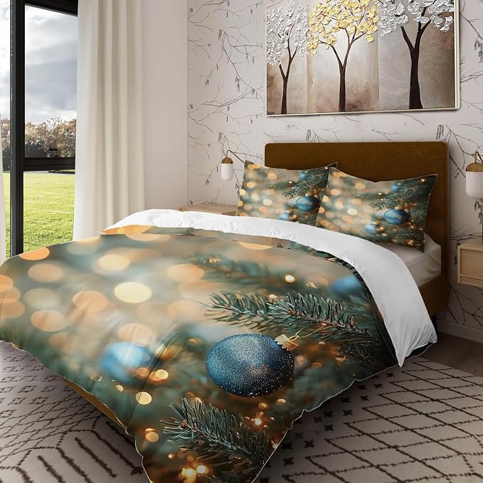 Batmerry Christmas Tree King Size 100% Cotton Duvet Cover Sets, Blue Baubles Fir Branches Bedding Set with Zipper Closure Corner Ties, 3 Pieces (1 Cover + 2 Pillowcases No Comforter)