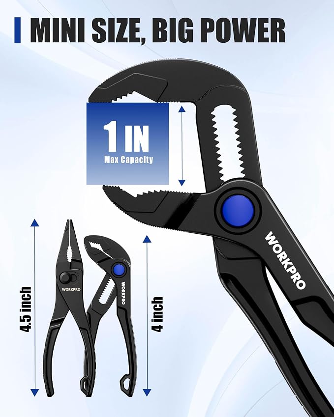 WORKPRO 2-Piece Mini Pliers Set with Pouch, 4-Inch Water Pump Plier & 4.5-Inch Long Nose Slip Joint Plier, Heavy-Duty Alloy Steel Mini Adjustable Plier, EDC Pliers for Tight Spaces & Versatile Use