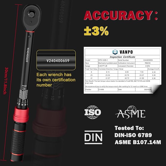 VANPO Torque Wrench 3/8-inch Drive 5-45 Ft-Lb for Spark Plugs,±3% Accuracy | Click Style, 6.8-61Nm, Dual-Direction, 72 Tooth, Aluminum Adjustable Torque Wrench for Bike, Motorcycle & Engine Repair