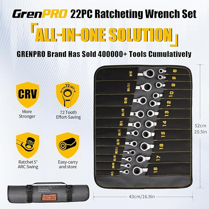 GRENPRO Ratcheting Wrench Set, Combination Wrench Set, 22-Piece SAE & Metric and Standard, 72Th Long Open End, 1/4" to 3/4" & 6-18mm, Organizer With Roll Up Pouch, CR-V Socket Mechanic Hand Tools Sets
