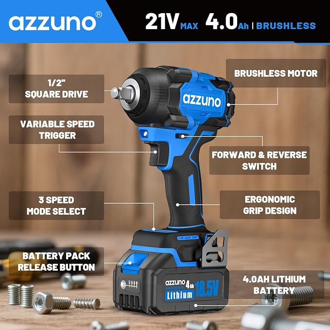 AZZUNO 1/2" Impact Wrench, 900N.m (665 Ft-lbs) Brushless Cordless Impact Driver, High Torque Electric Wrench With 2x 4.0Ah Battery, Charger & 4 CR-V Sockets, Led Light for Home Car Truck Tires