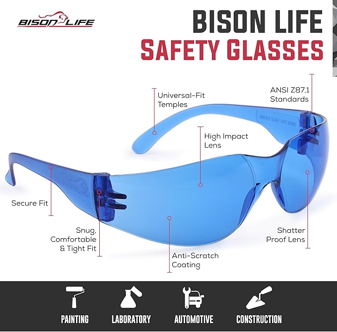 BISON LIFE Clear Safety Glasses – ANSI Z87.1 Scratch & Impact Resistant Wrap Around Eye Protection Goggles for Men & Women