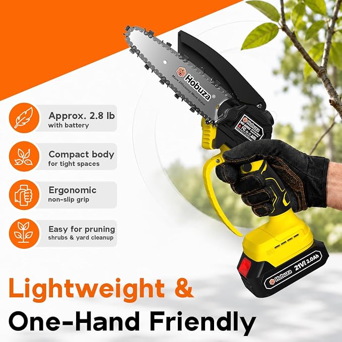 HOBUZA 6 Inch Brushless Mini Chainsaw, Lightweight One-Hand Saw for Pruning | 880W Brushless, Lightweight 1-Handed & Women-Friendly, 2x2.0Ah Batteries 4-6H Runtime, Auto Oiler, Safety Lock for Tree Work
