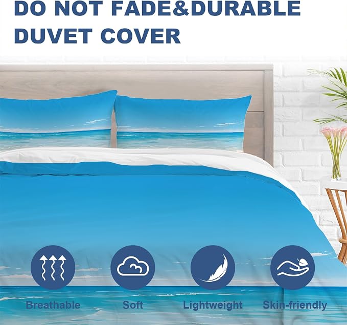 Batmerry Beach Scene Queen Size 100% Cotton Duvet Cover Sets, Tranquil Ocean View Bedding Set with Zipper Closure Corner Ties, 3 Pieces (1 Cover + 2 Pillowcases No Comforter)