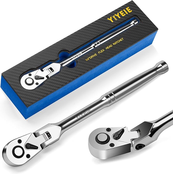 YIYEIE 1/4" Drive Flex Head Ratchet, 72 Tooth Swivel Ratchet, Quick-Release, Full-Polished Chrome Plating, for Auto Mechanic & DIYer with EVA Foam | 7 Inch Long