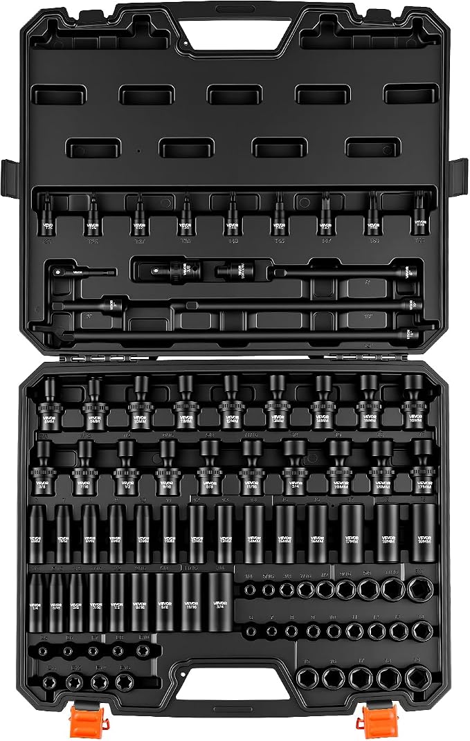 VEVOR Impact Socket Set 3/8" Drive 90-Piece, CR-MO, Shallow & Deep, 6 Point | SAE 1/4"-3/4" & Metric 6-19mm, with Swivel & E-Torx & Bit Sockets, Extension Bars, Adapters, Universal Joint