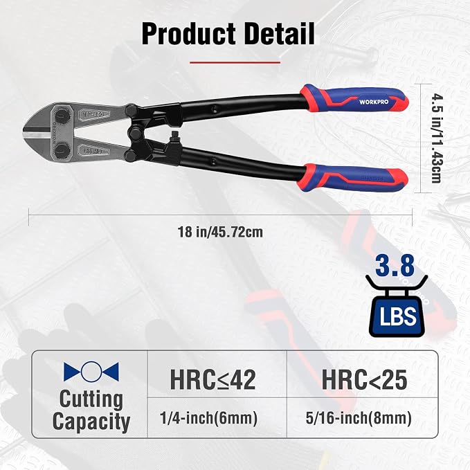 WORKPRO 18" Bolt Cutter, Chrome Molybdenum Steel Blade, Heavy Duty Bolt Cutter with Soft Rubber Grip, Cutting Tool for Cut Chain, Wire, Screw, Rivet, Black,blue,red