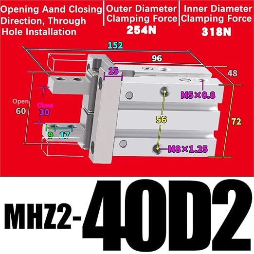 1PCS MHZ2 Pneumatic Finger Cylinder Parallel Gripper MHZ2-10/16/25/32/40D1/D2/D3 Side Thread Aluminium Clamps(MHZ2-40D2)