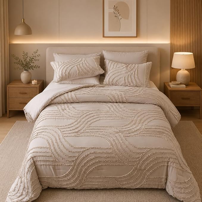 Nttopship Khaki Full Comforter Set - 7 Pieces Bed in a Bag, Premium Comforters Full Size Bed Set Tufted Shabby Chic Bedding Comforter Set with Flat Sheet, Fitted Sheet and Pillowcases,Khaki