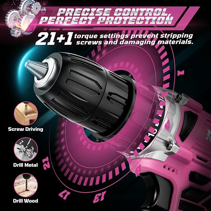 20V Cordless Drill Set,Electric Power Drill Cordless,Power Drill Drivers,Electric Screwdriver - 2.0Ah Batteries, 30Nm，21+1 Torque,2 Speed,34pcs Acessories,Built-in LED,Kit for Home,Pink