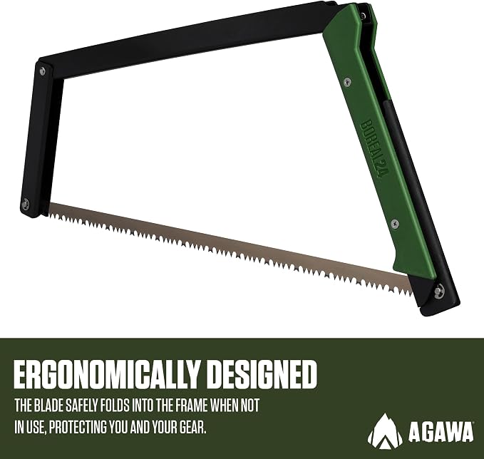 AGAWA - BOREAL24-24 Inch Folding Saw with All-Purpose Saw Blade - Camping Gear For Hiking, Fishing, Hunting, Bushcraft & Survival Kit (Black Frame/Green Handle)