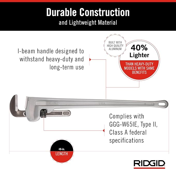 RIDGID 31115 Model 848 48" Aluminum Straight Pipe Wrench with 6" Pipe Capacity, 40% Lighter Aluminum Straight Plumbing Wrench with I-Beam Handle