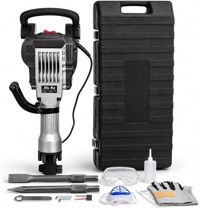 XtremepowerUS 3600W Electric Demolition Jack Hammer Point Chisel Bits Construction Concrete Breaker Punch Drill DIY Floor Drill 2 Chisel Bits (Flat Chisel & Point Chisel) with Case