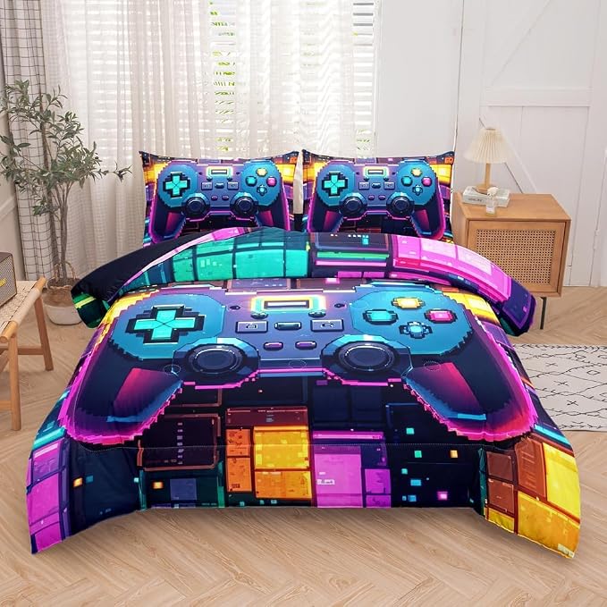 5 Pieces Geometry Gaming Comforter Set Full,Gaming Bedding Set for Boys,Full Comforter Set for Boys,Kids Comforter Full