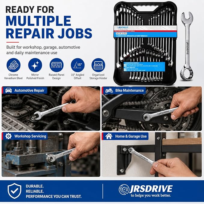 32-Piece SAE & Metric Combination Wrench Set – Standard & Stubby Wrenches, Chrome Vanadium Steel, 12-Point Box End, Mirror Chrome Finish with Organizer Tray for Automotive & Home Repair