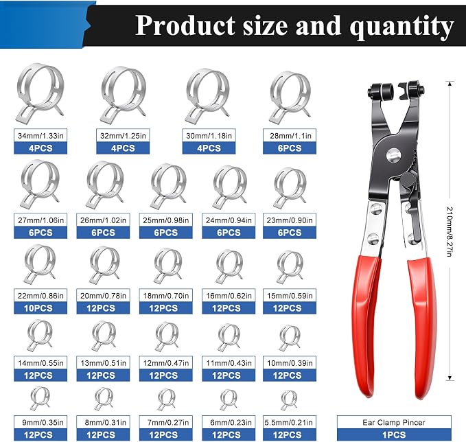 226Pcs 6-34mm Spring Hose Clamps Assortment Kit with Hose Clamp Plier - 24 Sizes Constant Tension Hose Clamps for Fuel Line Silicone Vacuum Hose Low Pressure Air Clamps(Grey)