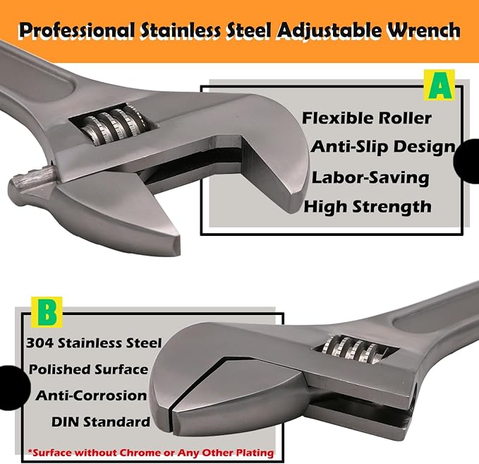 WEDO 2PCS Adjustable Wrench Set 4",10",Stainless Steel | Wide Jaw Spanner,Professional Spanner,Precision Jaws,Corrosion Resistant,For Automotive,Home and Plumbing Repairs