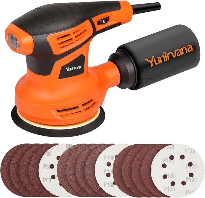 Yunirvana Orbital Sander,2.4Amp 13000 OPM Random-Orbit Sanders 6 Variable Speeds with 15Pcs Sanding Discs 125mm, Electric Sander with Dust Collector for Sanding and Polishing