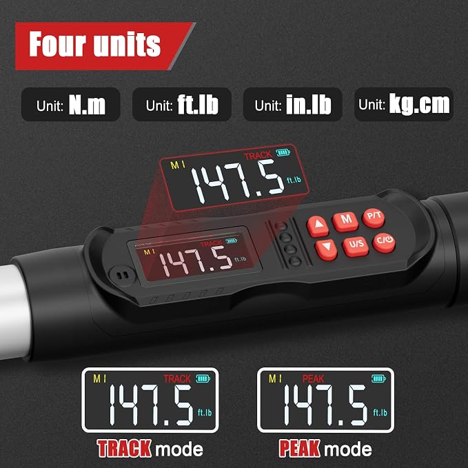 VANPO Adjustable Digital Torque Wrench, 7.38-147.5 Ft.lb/10-200Nm for HVAC | 38mm Jaw & 1/2" Ratchet, 14×18mm Open End, ±2% Accuracy, Vibration, Buzzer and LED Indicator, for Split AC, Auto, Plumbing