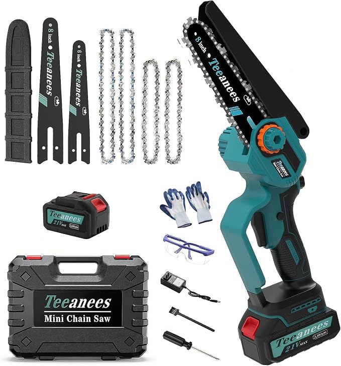 8" Brushless Mini Electric Chainsaw, 1200W Chainsaw Cordless with 4.0Ah Battery & 4 Chains, 2-in-1 Dual Bar (8" & 6") Mini Chain Saw Battery Powered, for Tree Trimming (Blue, 1 Battery)