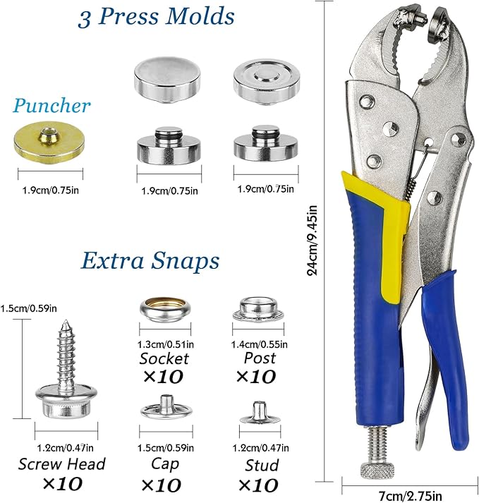 YZS Snap Button Kit Tool【Upgraded 3 Dies】- Heavy Duty Snap Fastener Tool, Includes 10Sets 15mm Metal Snap Buttons for Replacing or Repairing Snaps on Boat Cover, Canvas, Leather, Fabric