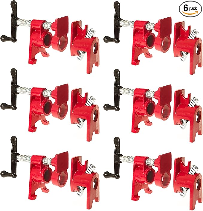 6 Pack 3/4'' Pipe Clamps for Woodworking with Foot Design Wood Gluing Pipe Clamp Fixture Set Heavy Duty Cast Iron For Woodworking, Carpentry, Home Improvement, and DIY Jobs