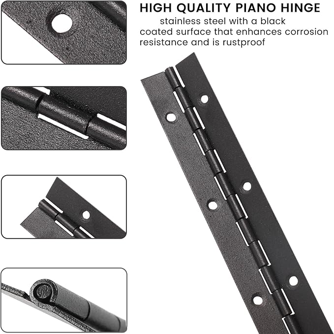 2PCS Black 8-Inch Heavy Duty Stainless Steel Piano Hinge,2" Open Width Continuous Piano Hinges for Wood Furniture Tool,Piano Cabinets, Includes Pre-Drilled Holes and Screws.