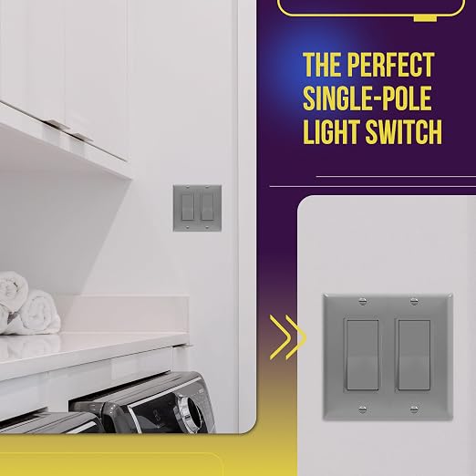 ENERLITES Single Pole Decorator Paddle Light Switch, Residential Grade, 15A 120V-277V, Gloss Finish, Grounding Screw, Back Insert and Side Terminals, 91150-GY, Gray