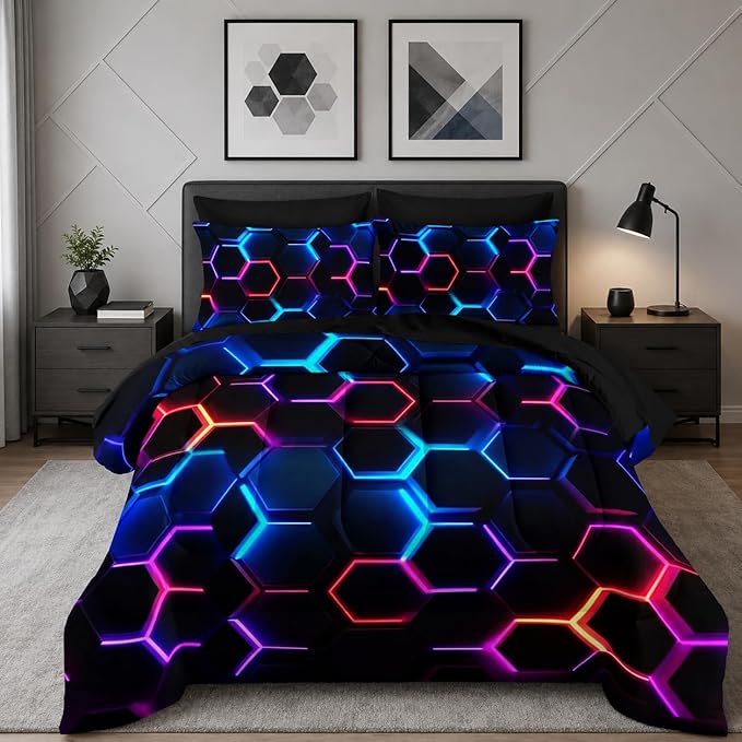 Geometric Full Comforter Set,Colorful Neon Lights Honeycomb Bedding Set 7 Piece with Comforter Fitted Sheet Flat Sheet Pillowcases,Bed Sets Geometry Decor,Microfiber Lightweight All Season.