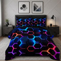 Geometric Twin Comforter Set,Colorful Neon Lights Honeycomb Bedding Set 7 Piece with Comforter Fitted Sheet Flat Sheet Pillowcases,Bed Sets Geometry Decor,Microfiber Lightweight All Season.