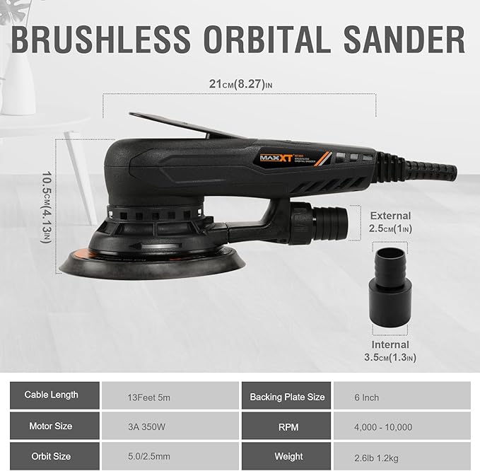 MAXXT Electric 5mm Random Orbital Sander, Brushless 350W 3A Palm Sander, Multi-function Variable Speed Electric Corded Orbital Sanders Machine with 6Inch Sanding Pad, 10 Sanding Papers for Woodworking