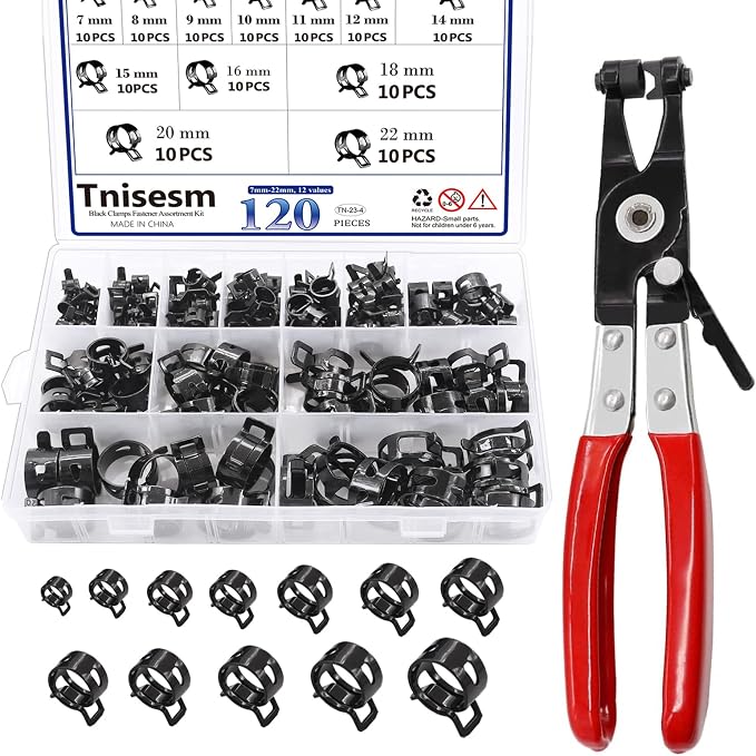 Tnisesm 121Pcs 6-22mm Spring Hose Clamp Assortment Kits with Swivel Flat Band Fuel Hose Clamp Plier, Silicone Vacuum Hose Action Pipe Clamp Low Pressure Air Clip Clamp Hoses Clamps sleeving(Black)