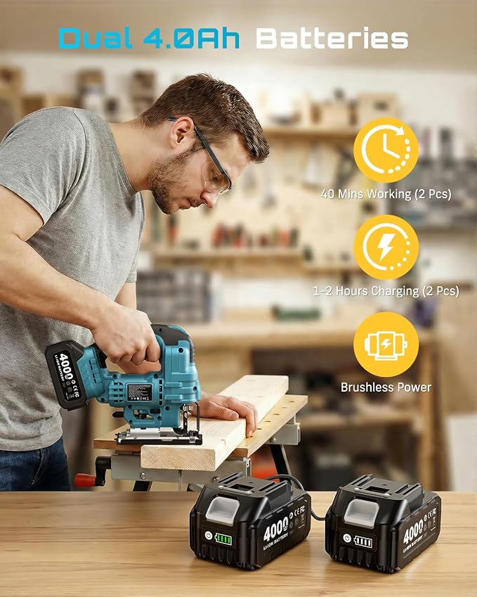 SEESII Brushless Jig Saw, Cordless Jigsaw Tool 2×4.0Ah Batteries | 0–45° Bevel Cut, 3500 SPM Variable Speed, 4 Orbital, Electric Jig Saw for Woodworking, Cutting Wood Metal PVC